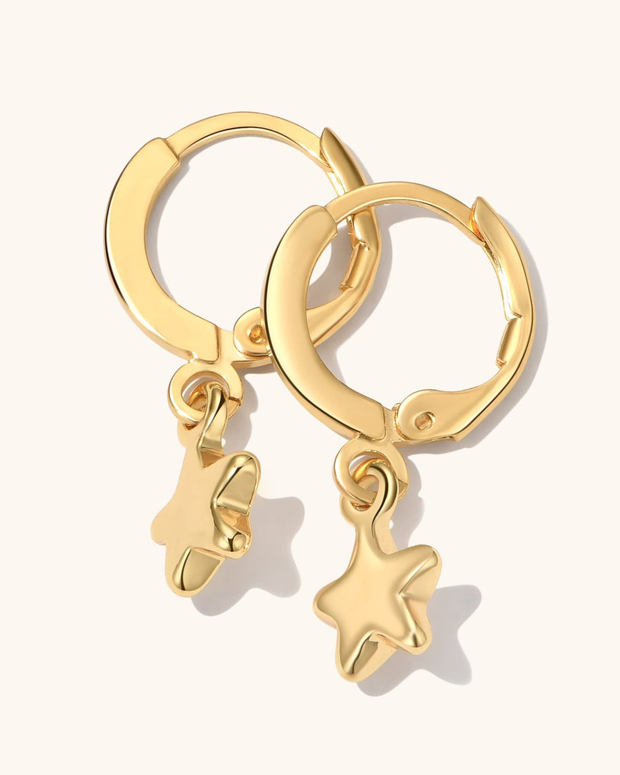 Detail Image - Star earrings with hoop design and dangling star charms in 18k gold plated stainless steel