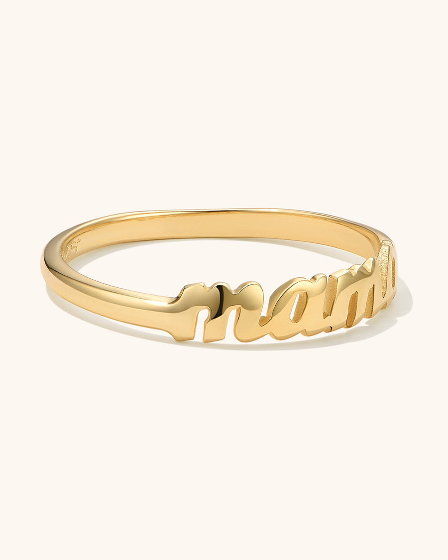 Detail Image - Gold plated Mama ring with script lettering and slim band