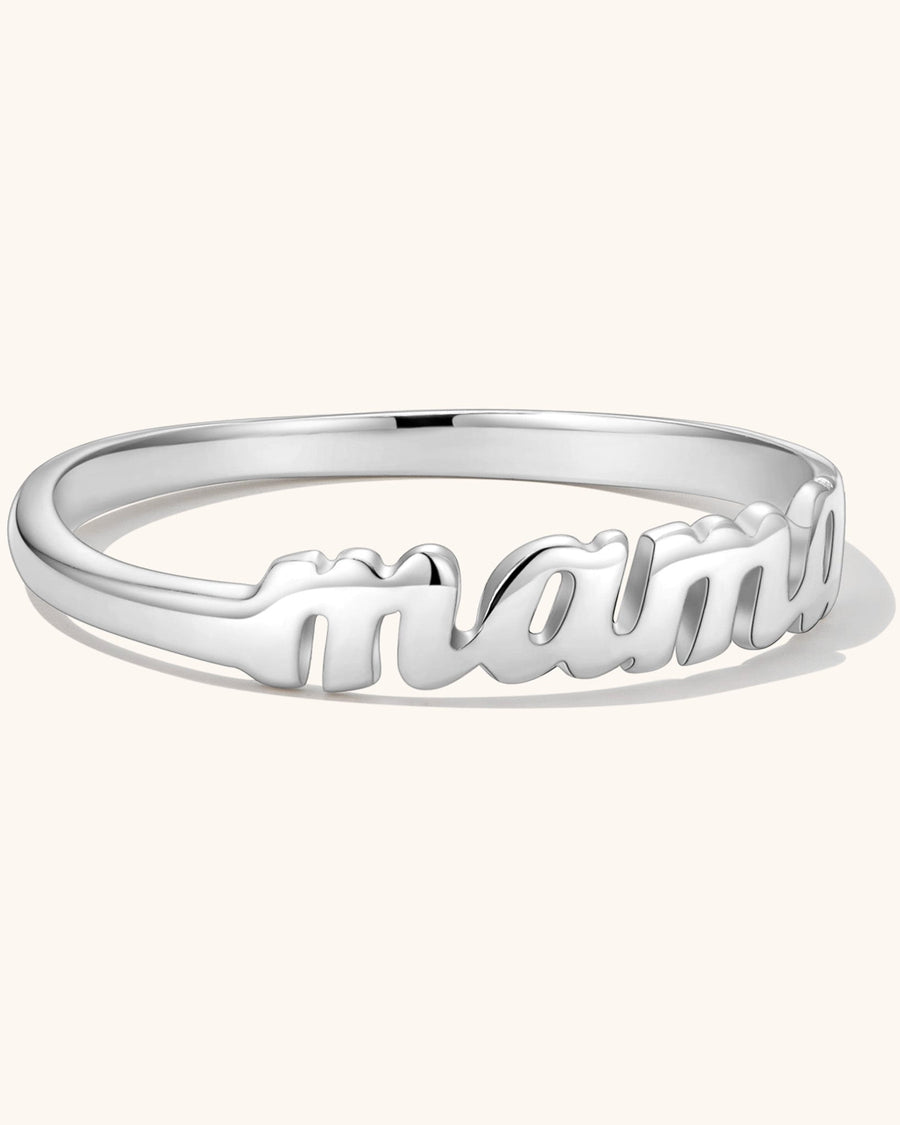 Detail Image - Mama Ring in silver finish with raised “mama” script design