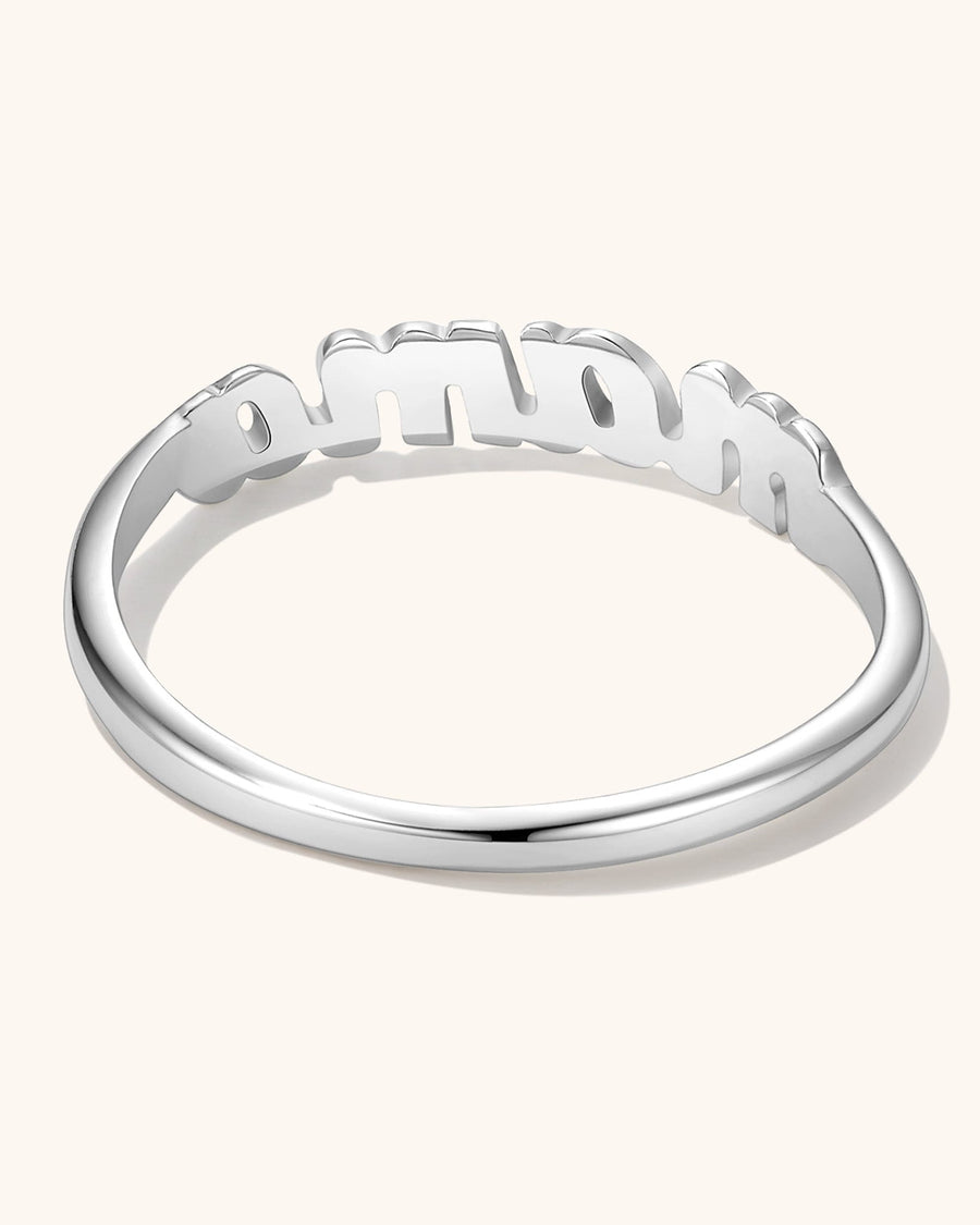 Detail Image - Silver finish on brass Mama ring with raised script lettering and slim band on a neutral background