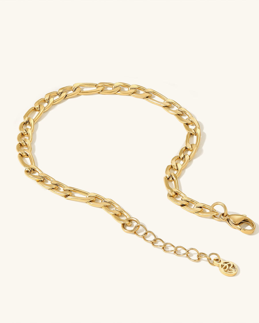 Detail Image - Large 14K gold plated Figaro bracelet with extender chain and clasp, shown in a curved layout.