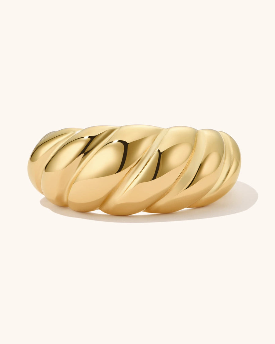 Detail Image - Croissant Ring with sculpted ridged band in 18k gold plated stainless steel