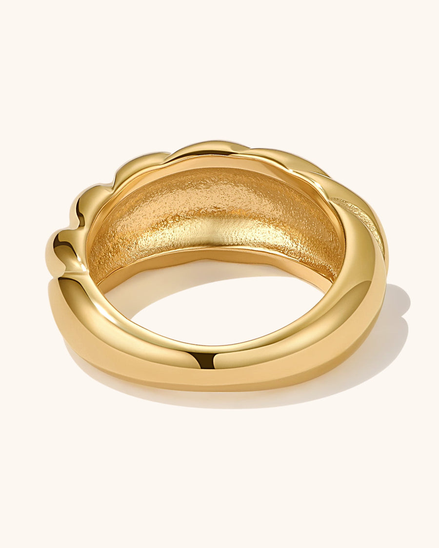 Detail Image - Croissant Ring with sculpted ridges and wide curved band in 18k gold plated stainless steel