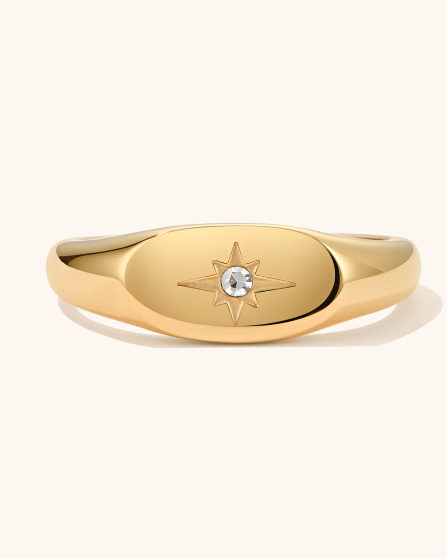 Detail Image - North Star Ring with celestial star motif and 18k gold plated stainless steel band