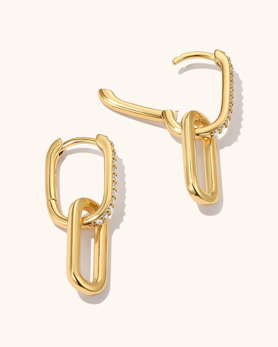 Detail Image - Pave Link Hoops in 14K gold plated interlocking link design with pave sparkle on each hoop
