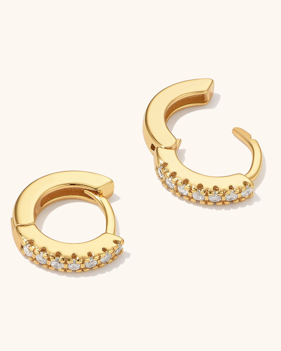 Detail Image - 14K gold plated Pave Hoops with cubic zirconia accents and 10 mm huggie hoop design sold as a pair