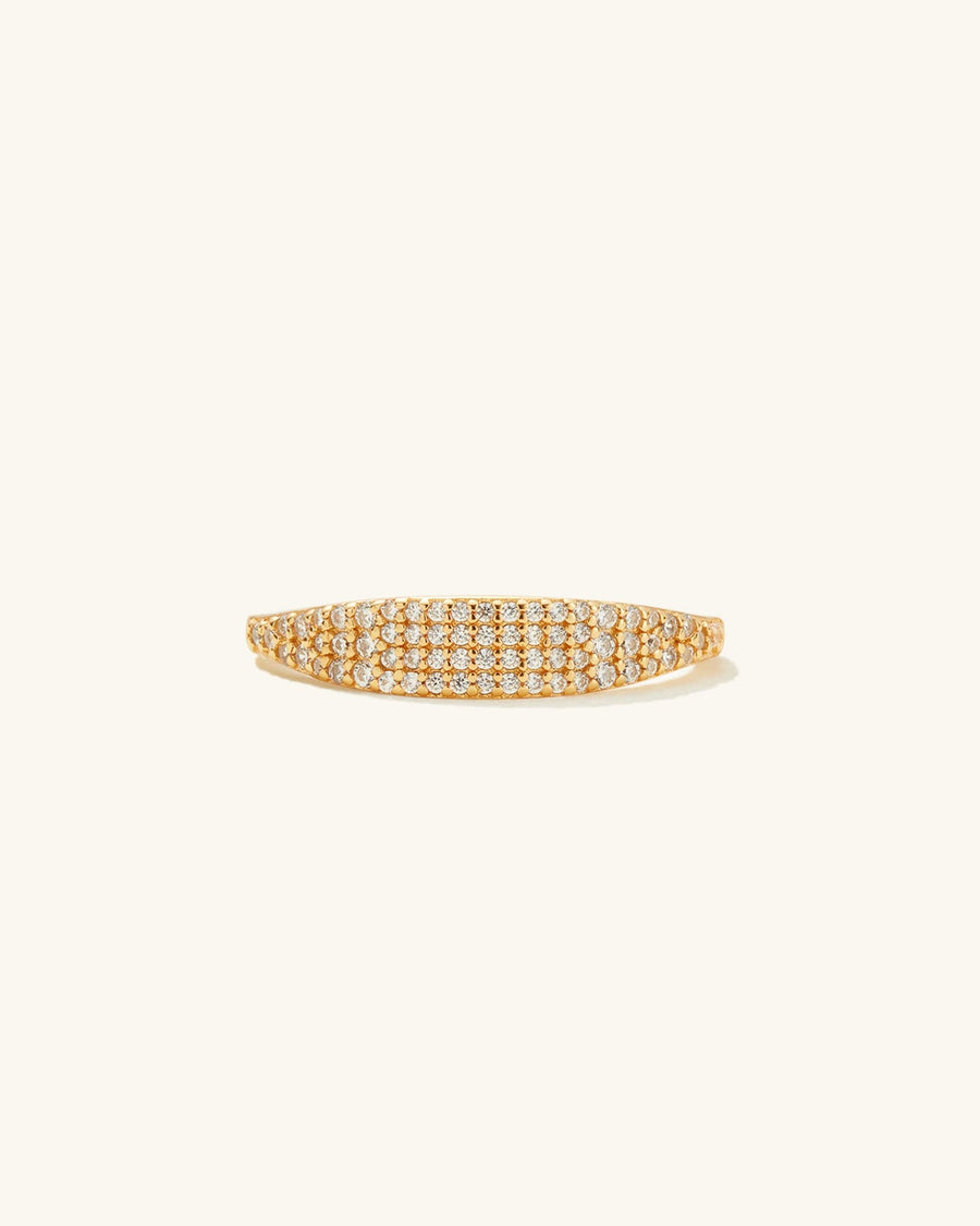Detail Image - Pave Signet Ring with white cubic zirconia pavé top in 18k gold plated stainless steel