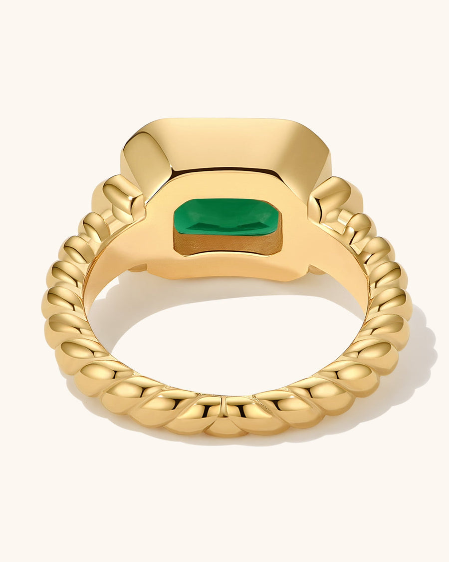 Detail Image - Twisted Signet Ring with emerald center stone and twisted band in 18k gold plated stainless steel