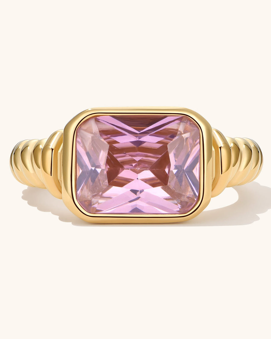Detail Image - Twisted Signet Ring in pink with a twisted band and central pink gemstone on 18k gold plated stainless steel