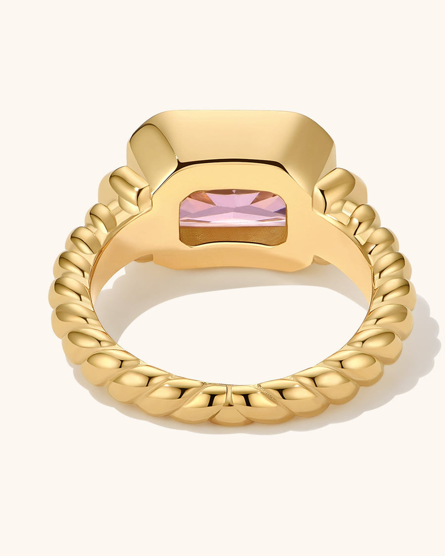 Detail Image - Twisted Signet Ring in Pink with twisted band and center pink gemstone, shown from the underside