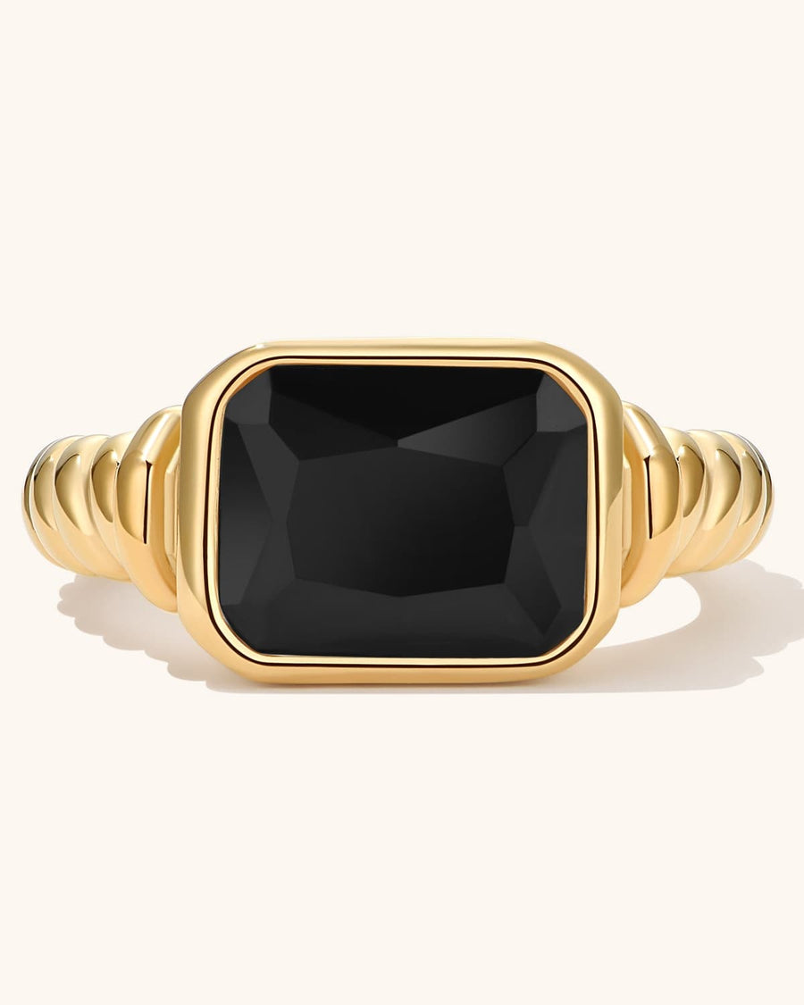 Detail Image - Twisted Signet Ring in black with a rectangular signet face and textured band in 18k gold plated stainless steel