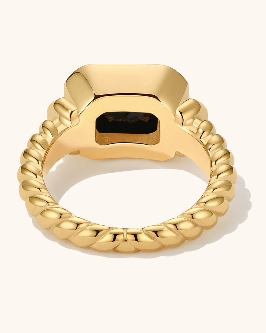 Detail Image - Twisted Signet Ring in black with a textured twisted band and 18k gold plated stainless steel setting