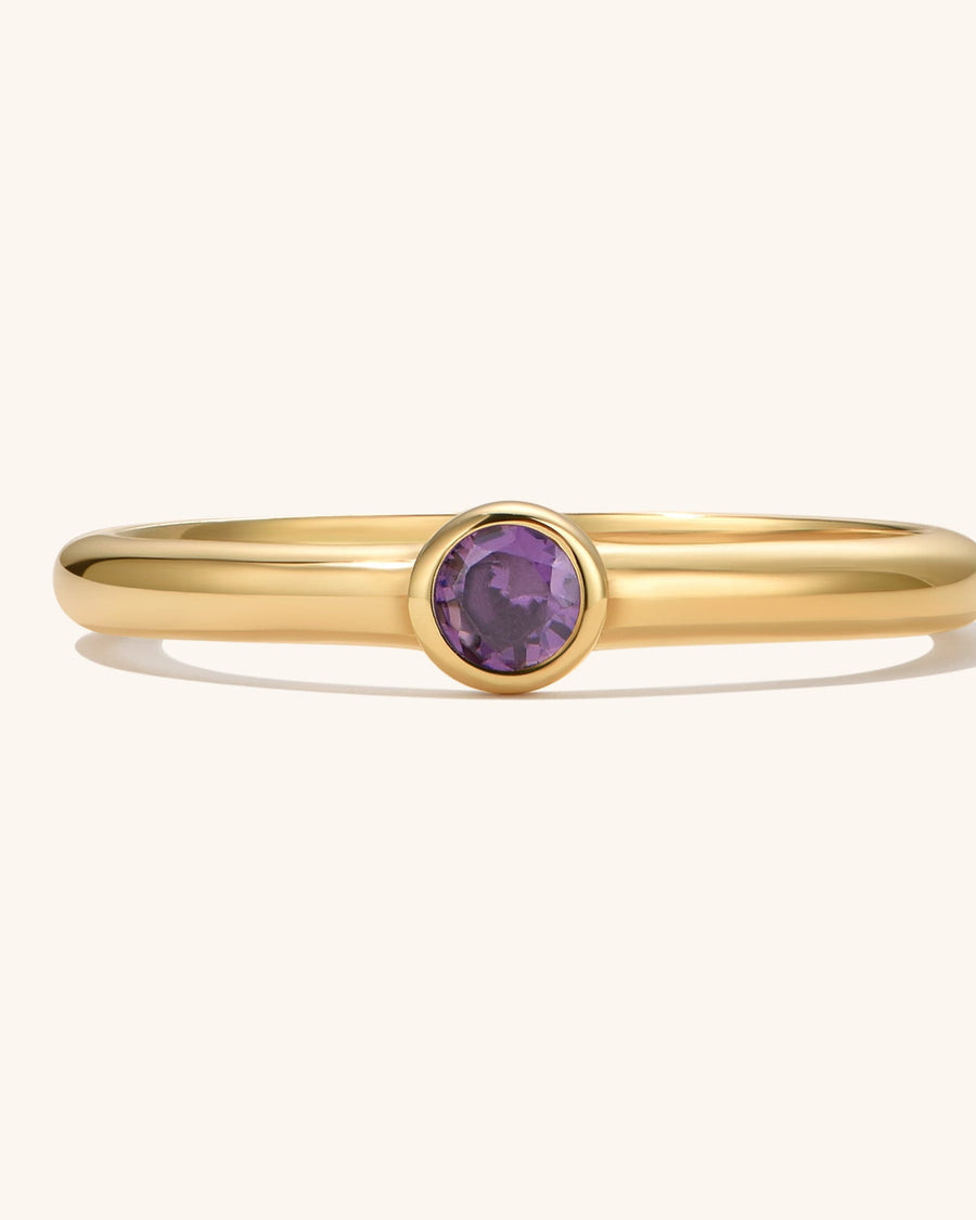 Detail Image - 14k gold plated birthstone ring with February amethyst center stone and minimalist 2mm band