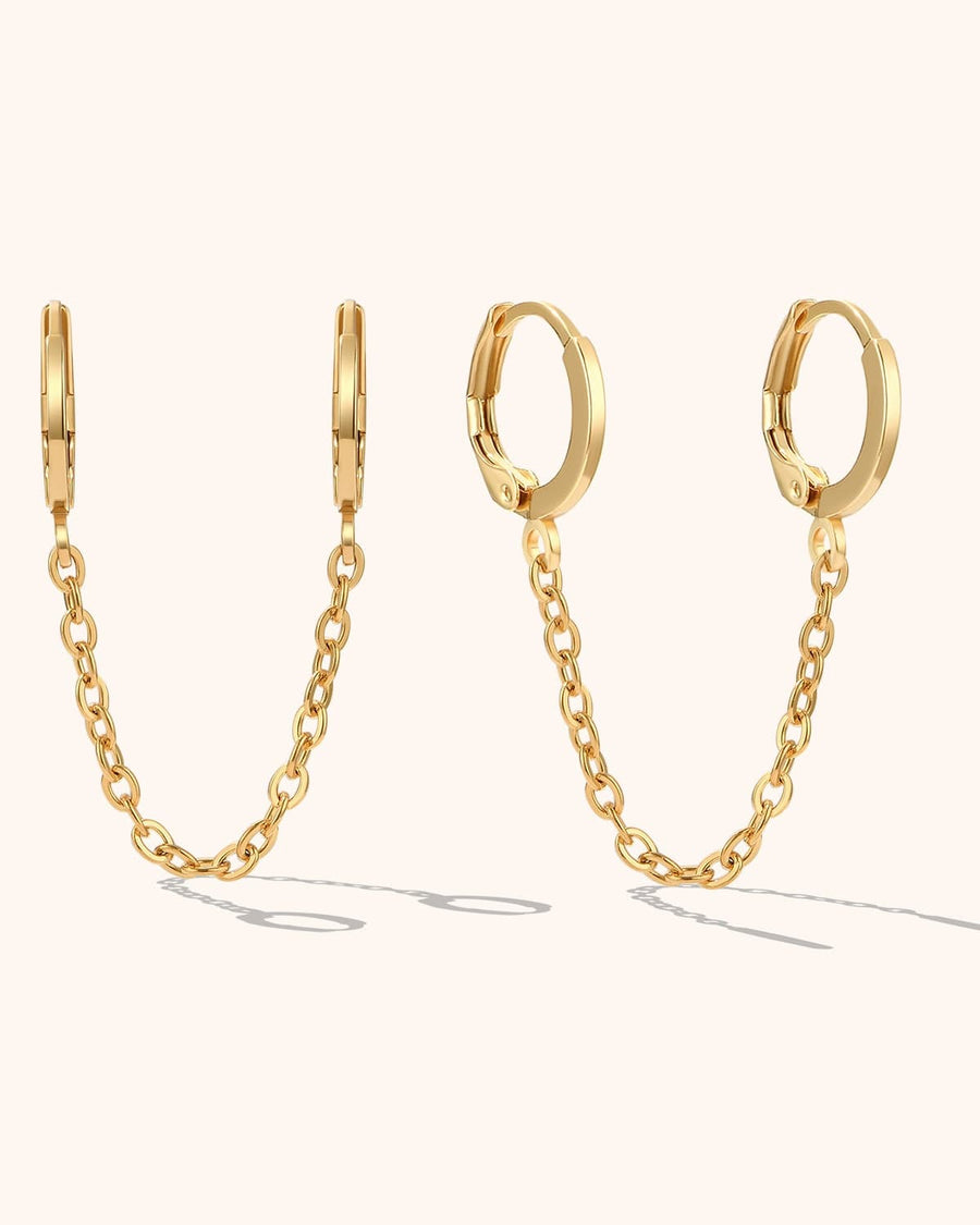 Detail Image - Double handcuff earplug holder earrings with paired hoops connected by 2-inch chains in 14K gold plating