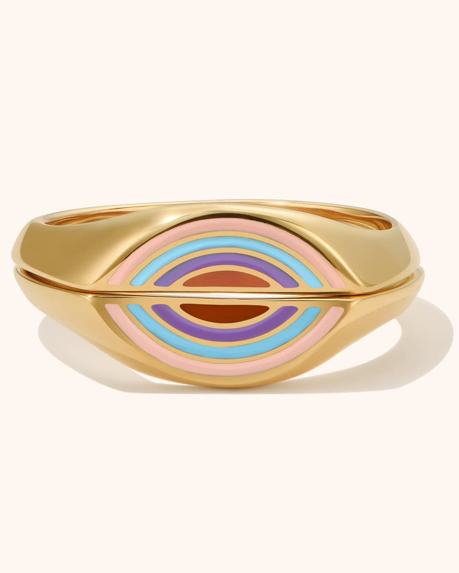 Detail Image - Rainbow Ring Set with colorful stripe design on an 18k gold plated stainless steel band