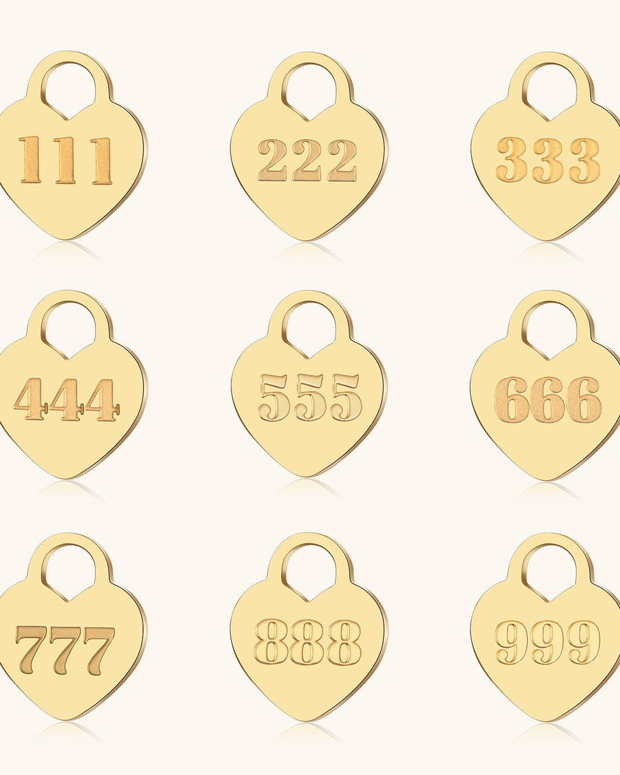 Detail Image - Gold plated heart earring pendants with engraved angel number options 111 through 999