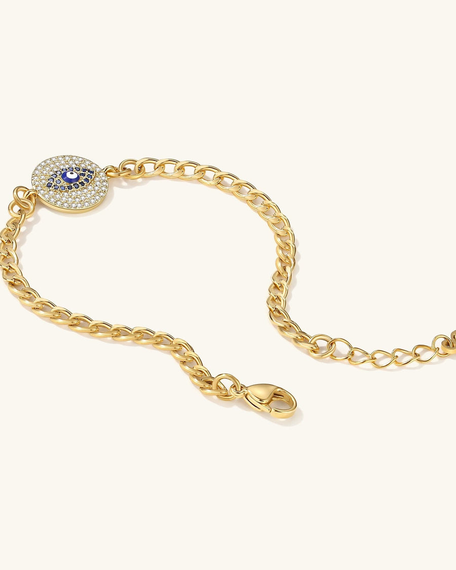 Detail Image - 14K gold plated Evil Eye Bracelet with chain, extender, and lobster clasp visible