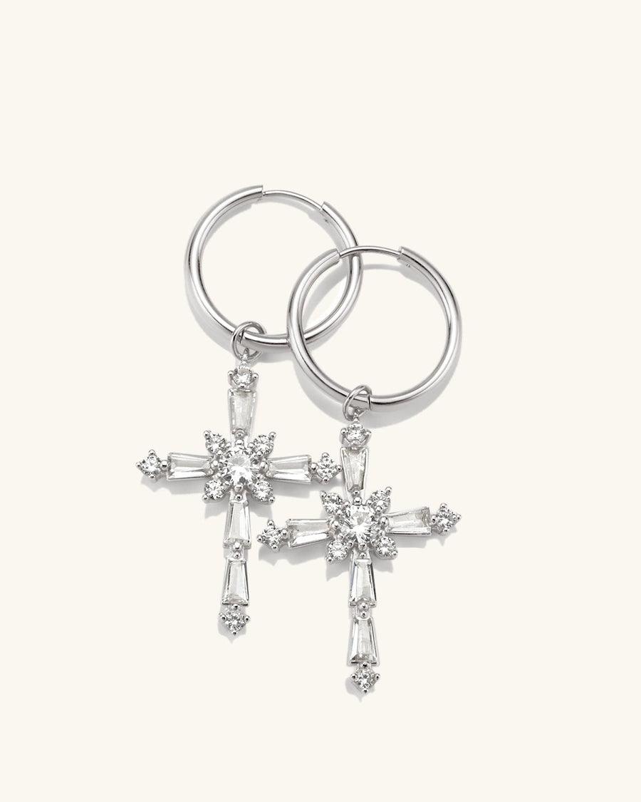 Detail Image - Sterling silver plated cross earrings with clear CZ accents and hoop closures