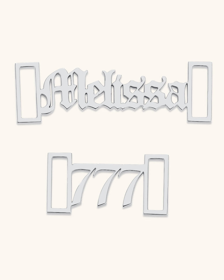 Detail Image - Silver customizable shoe lace charms with name and number designs featuring rectangular lace loops