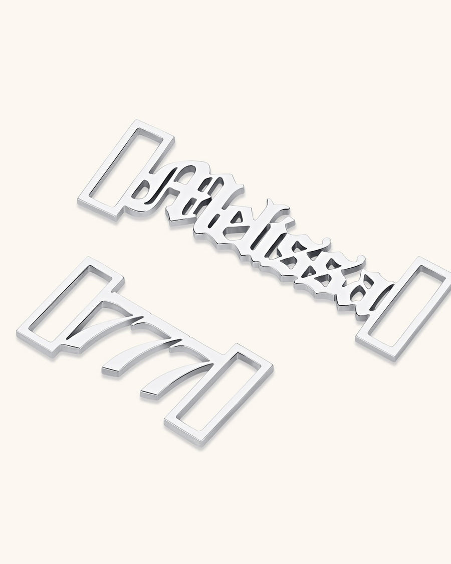 Detail Image - Silver customizable shoe lace charm with personalized name design and lace-shaped accent.