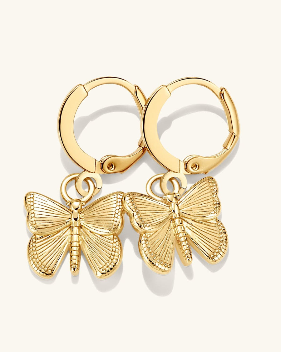 Detail Image - Dainty 14K gold plated butterfly hoop earrings with textured butterfly charms sold as a pair