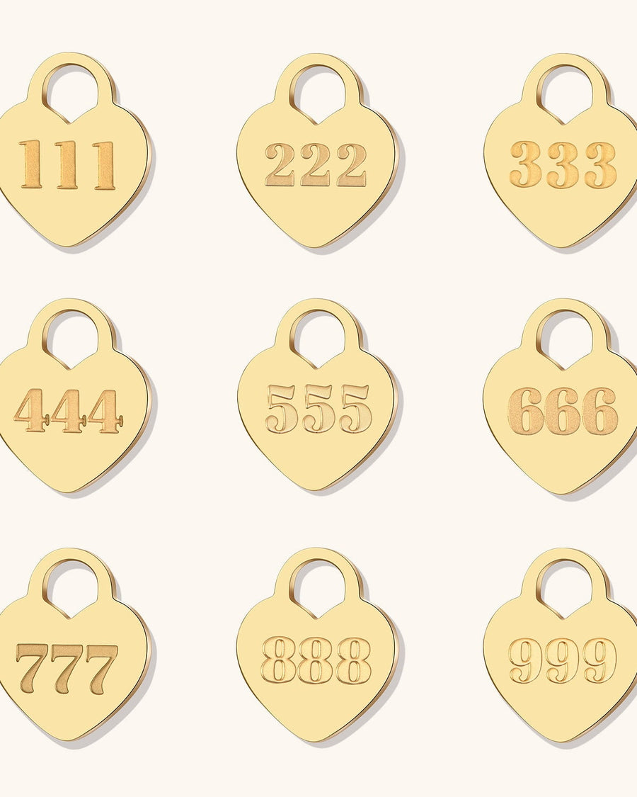 Detail Image - Gold plated heart angel number pendants showing 111 through 999 engravings