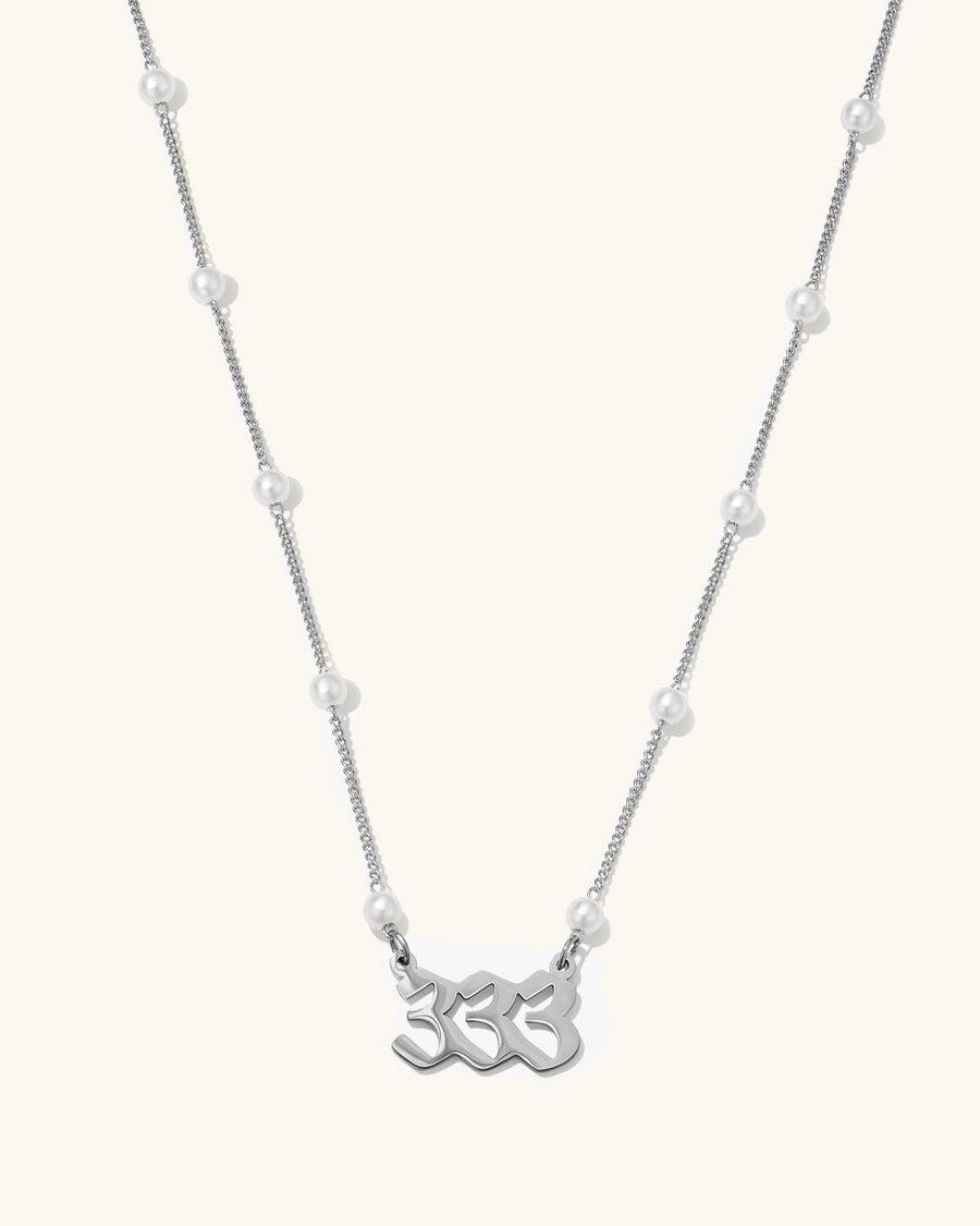 Main Image - Silver finish angel number 333 necklace with a delicate chain and pearl bead accents
