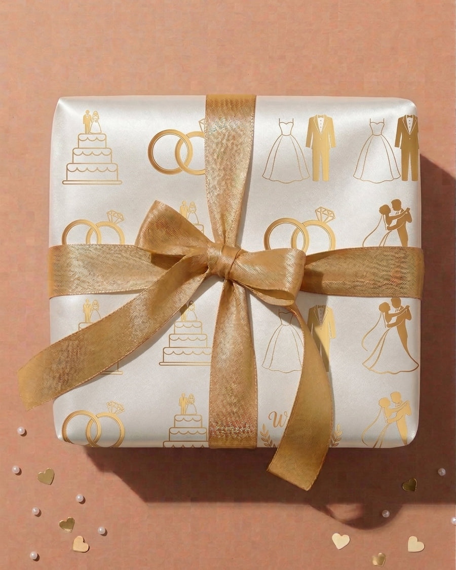 Gift packaging - Gift wrap box with wedding-themed paper and a gold bow on a pink background