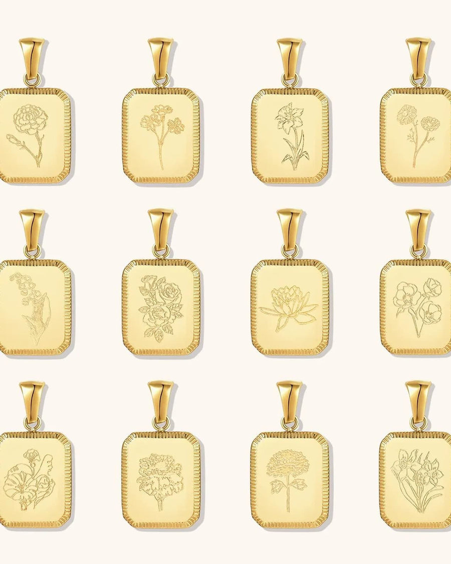 Birth flower pendant variations with engraved floral designs in 18k gold plated finish