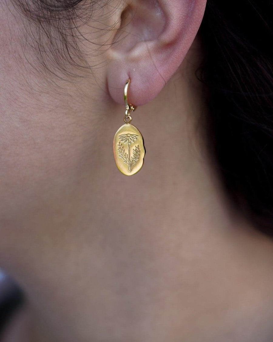 Style Image - Oval birth flower earring with oval pendant worn on the ear in 18k gold plated stainless steel