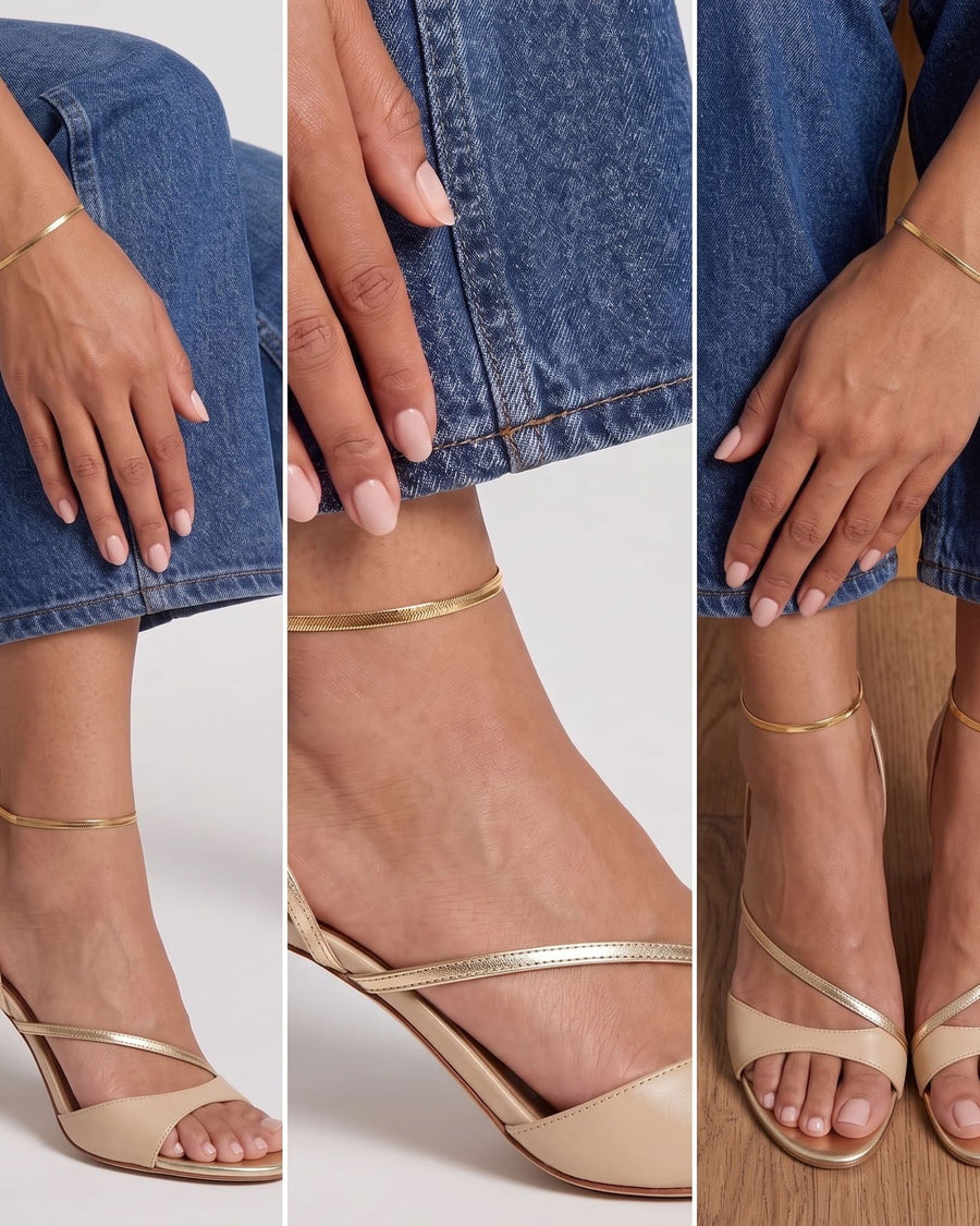 Style Image - 18k Gold herringbone bracelet styled on the wrist and ankle with gold-tone heels.