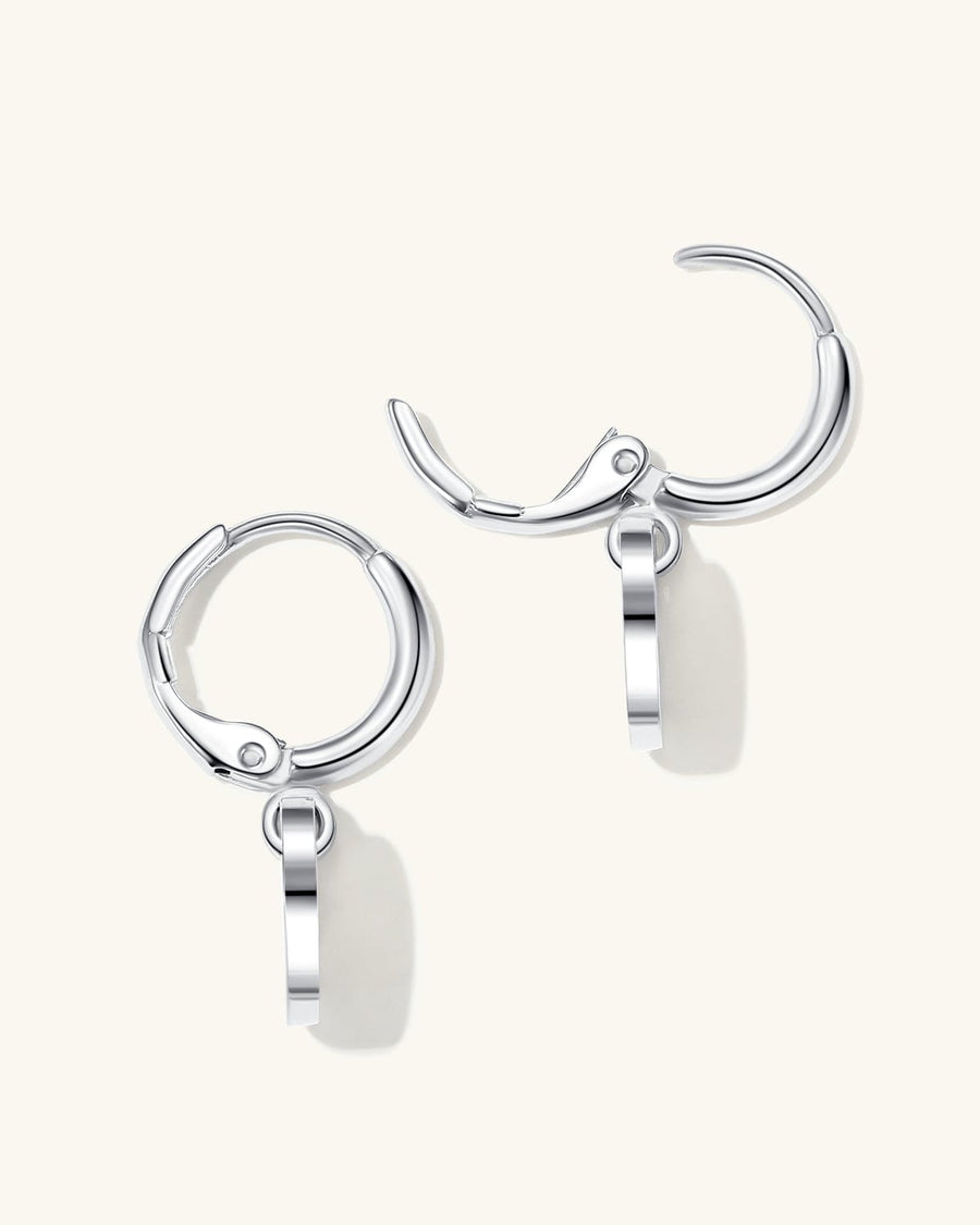 Detail Image - Rhodium engravable heart drop earrings with hinged hoops and slim pendant profile