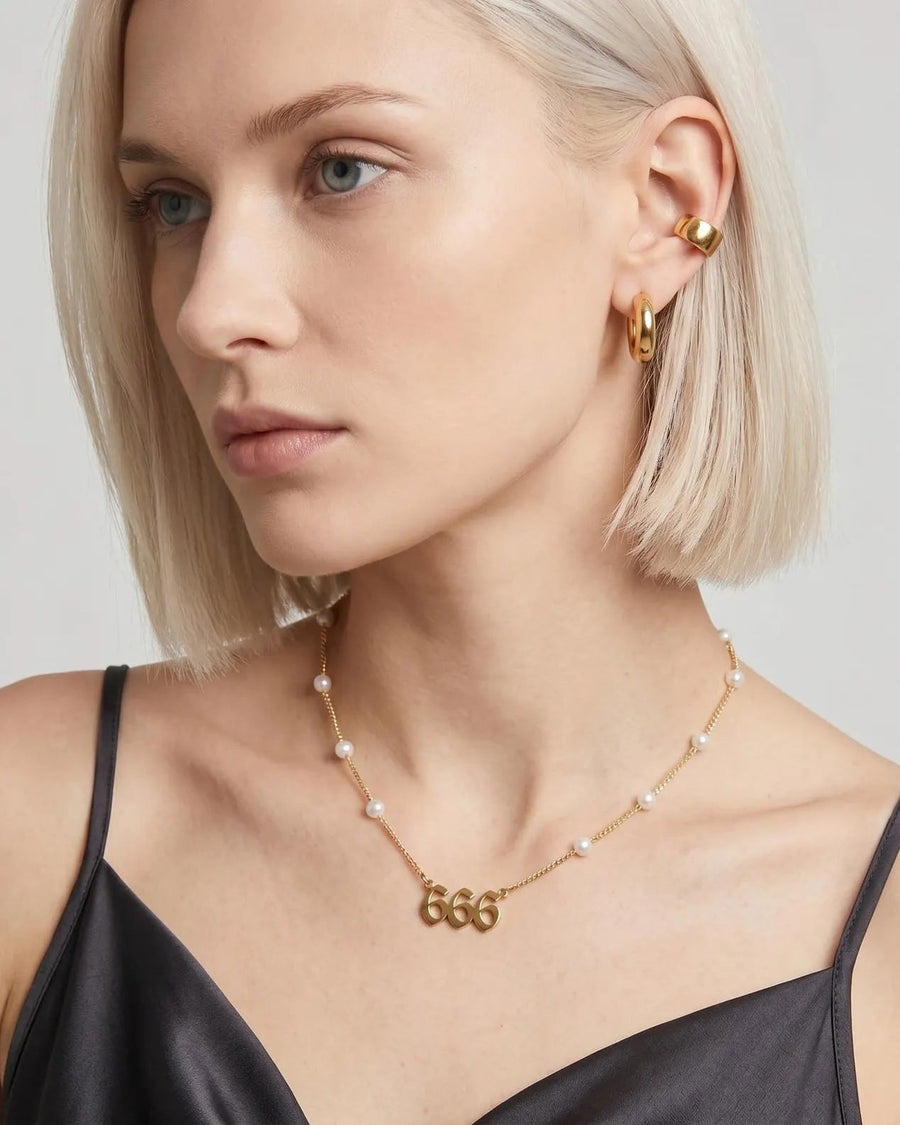 Style Image - Angel number 666 necklace with pearl bead chain worn at the collarbone