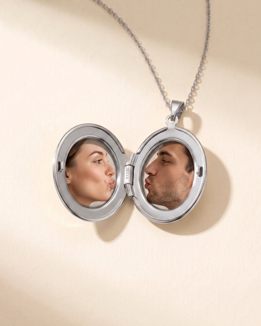 Detail Image - Open engravable oval locket necklace with two photos inside on a twist chain