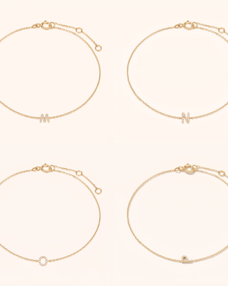 Detail Image - 14k solid gold pave diamond initial bracelet shown in letter options M, N, O, and P