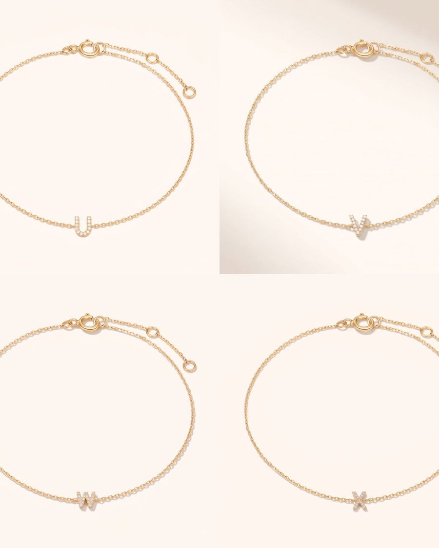 Detail Image - 14k solid gold pave diamond initial bracelets shown with U, V, W, and X letters on delicate chains