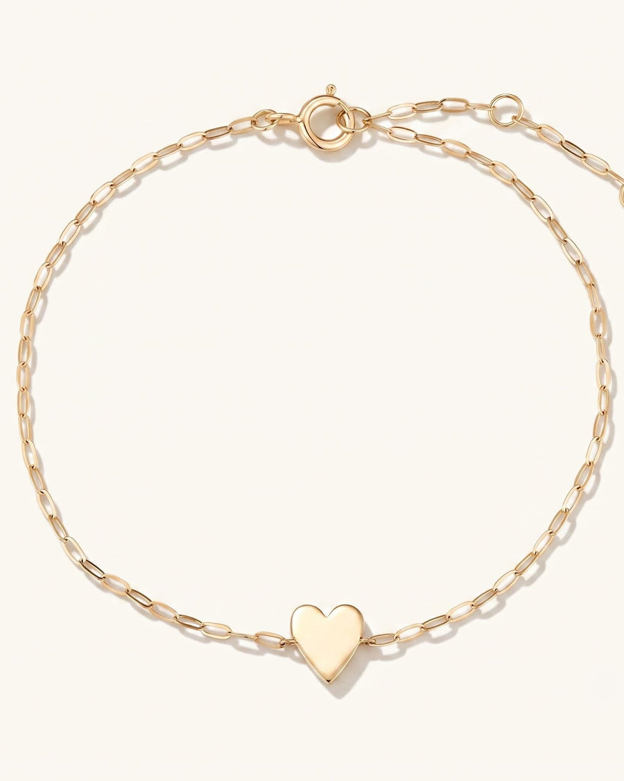 Detail Image - 14k solid gold engravable heart bracelet with paperclip chain, clasp, and extender laid flat