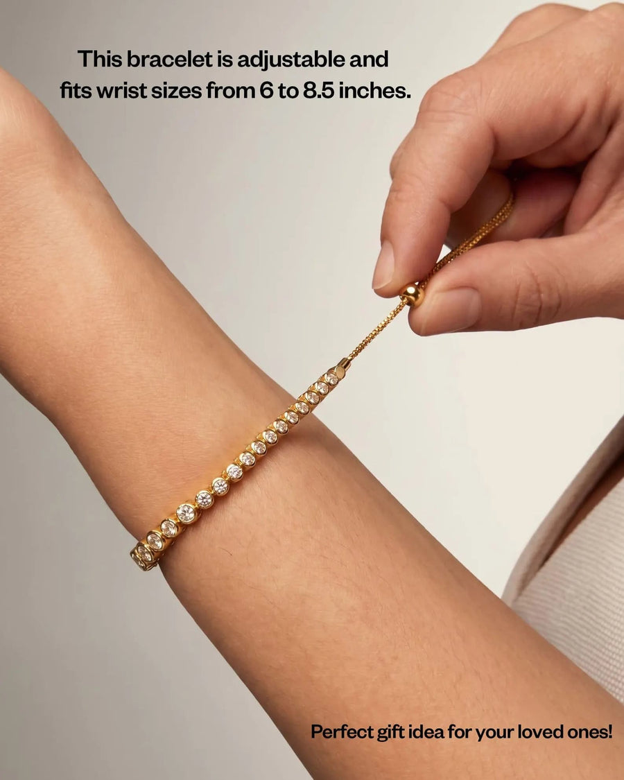 Style Image - 14k gold adjustable bezel tennis bracelet on wrist, shown fitting sizes from 6 to 8.5 inches