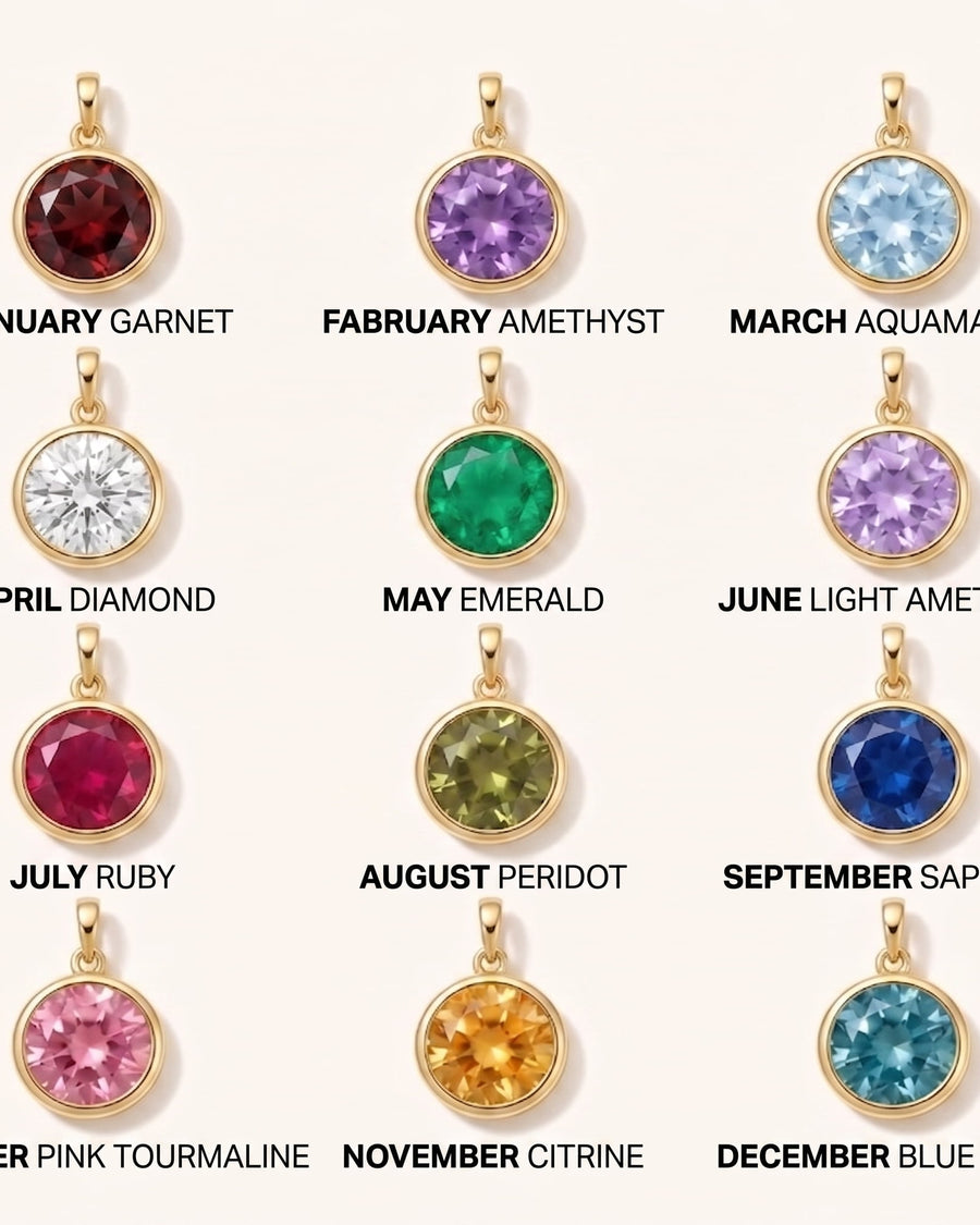 Birthstone chart showing twelve round pendant charms labeled by month for the Family Birthstone Necklace