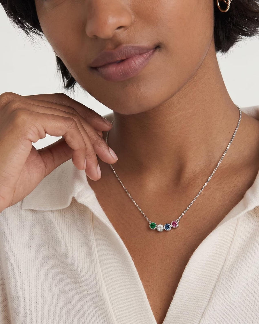 Model Image - delicate chain necklace with five colorful round birthstone charms worn on model