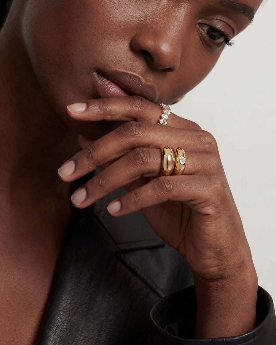 Style Image - 14k solid gold sculpted dome ring worn stacked on hand with a smooth high-polish silhouette