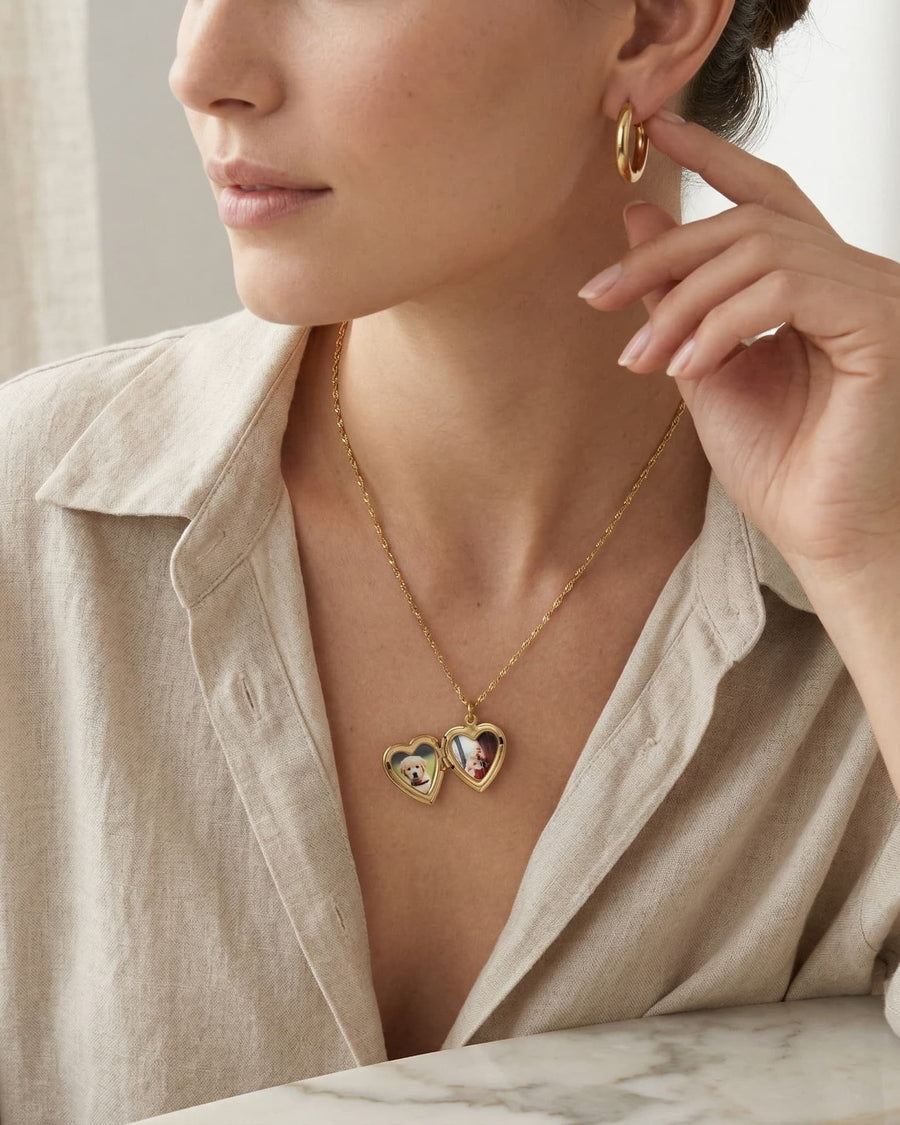 Style Image - open 18k gold heart locket necklace with photo personalization worn on model