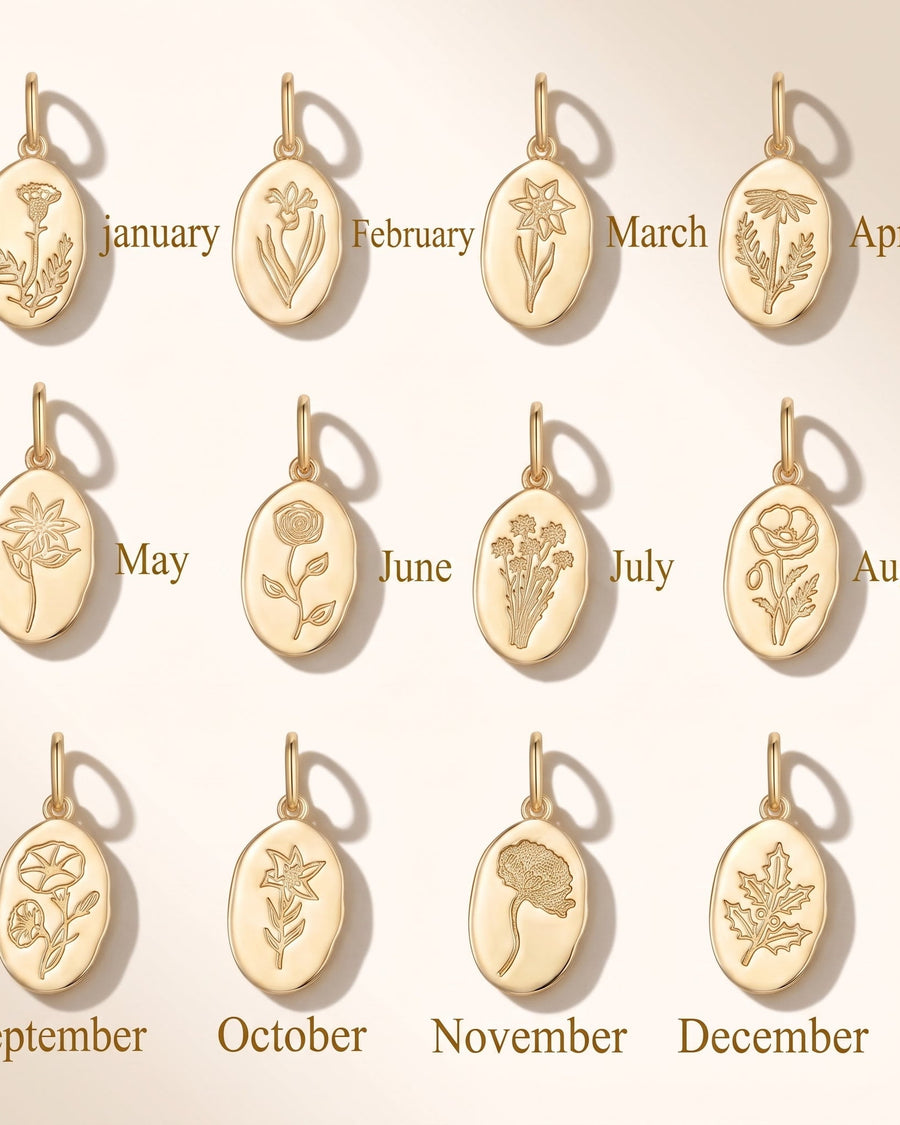 Detail Image - Oval birth flower necklace pendants showing January through December floral designs in 18k gold