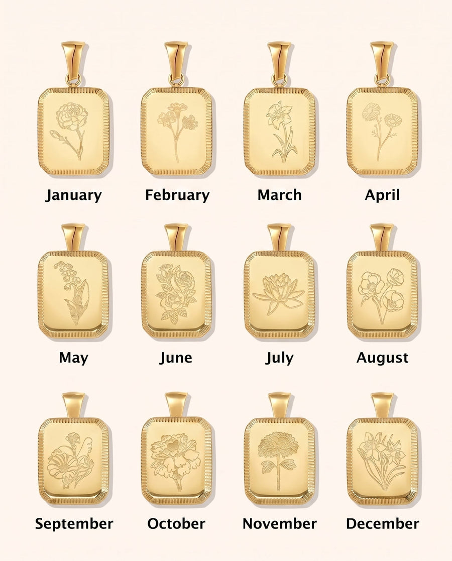 Detail Image - Engravable birth flower pendant options for January through December in 18k gold, each shown with a floral design