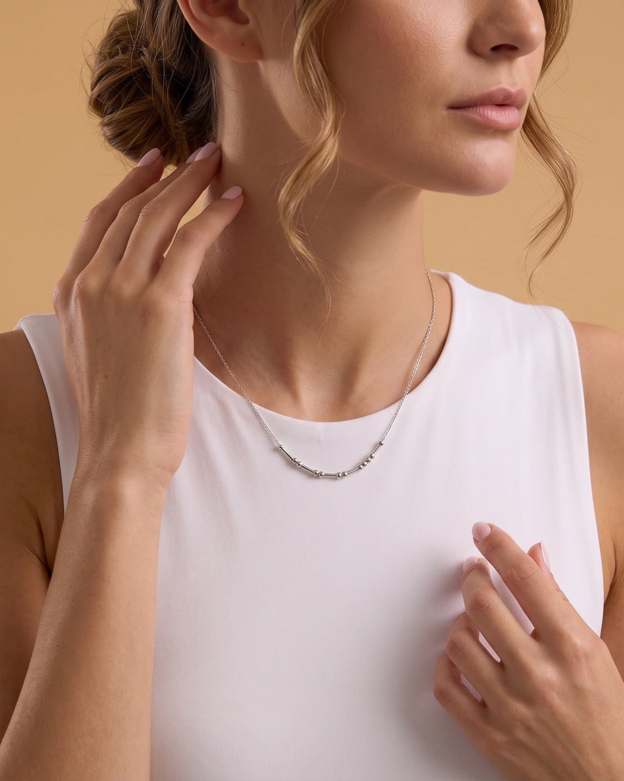 Style Image - Personalized Morse code necklace worn as a subtle minimalist accent on the neckline