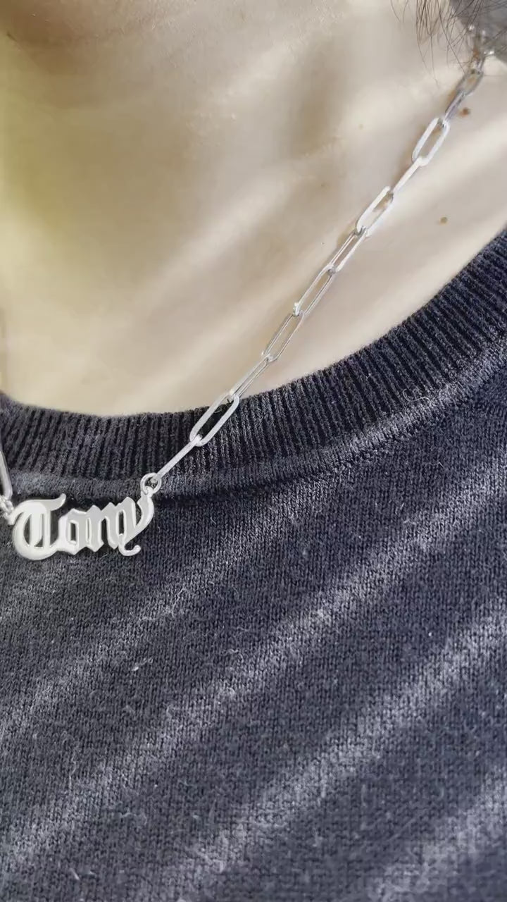 White Solid Gold Name Necklace with Paperclip Chain